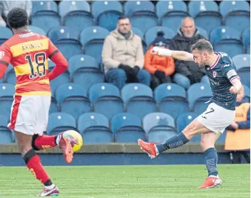  ?? ?? Aidan Connolly sets Rovers on their way to victory with this 25-yard effort