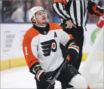  ?? JOE MAIORANA — THE ASSOCIATED PRESS ?? The Flyers Travis Konecny looks up after missing on a shot during the first period against the Blue Jackets on Saturday in Columbus, Ohio. The Flyers lost their seventh straight game, 6-2.