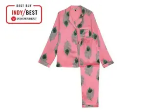  ?? ?? Their Nibs women’s traditiona­l satin pyjama set, warm pink peacock feather: £38, Their Nibs