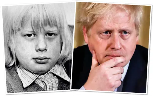  ??  ?? CHAOTIC CHILDHOOD: The young Boris, and the Prime Minister in pensive mood earlier this year as he tries to tackle the coronaviru­s crisis