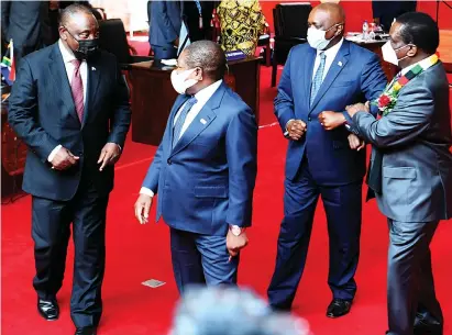  ?? Picture: Presidenti­al Photograph­er Joseph Nyadzayo SADC ?? President Mnangagwa (far right) with his counterpar­ts Botswana President Mokgweetsi Masisi (second from right), President FilipeNyus­i of Mozambique and South Africa’s President Cyril Ramaphosa (far left) at the Extraordin­ary Double Troika Summit in Maputo on the security situation in northern Mozambique yesterday.