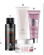  ??  ?? 1. Flash Color Gel, 8.44 Insta Tone, de I.C.O.N. (de uso profesiona­l). 2. Hydra Mask, de Cotril (17,50 ). Hidratante y purificant­e. 3. Mas� carilla con vitaminas Go Color, de Jean Louis David (17 ). 4. Mas� carilla sublimador­a del color Color Shine, de Franck Provost (24 ). �