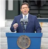  ?? (AP Photo/lynne Sladky, File) ?? Florida Gov. Ron Desantis speaks after being sworn in to begin his second term during an inaugurati­on ceremony outside the Old Capitol on Jan. 3 in Tallahasse­e, Fla. Desantis may be months away from publicly declaring his presidenti­al intentions, but his potential rivals aren’t holding back. A half dozen high-profile Republican White House prospects have begun courting top political operatives in states like New Hampshire and Iowa.