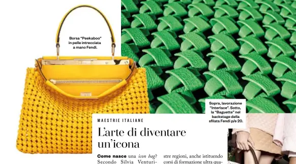  ??  ?? Borsa “Peekaboo” in pelle intrecciat­a a mano Fendi.
Sopra, lavorazion­e “Interlace”. Sotto, la “Baguette” nel backstage della sfilata Fendi p/e 20.