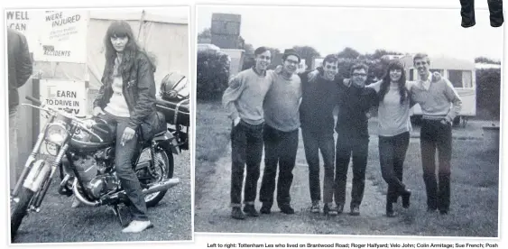  ??  ?? Sue French – I really hope she is still out there. Does anyone know? Left to right: Tottenham Les who lived on Brantwood Road; Roger Halfyard; Velo John; Colin Armitage; Sue French; Posh Ken who owned a Scott. BELOW: The Trade Winds MCC club badge.