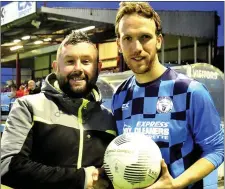  ??  ?? The Boyne Harps v Duleek match was sponsored by Mother Hughes pub and Harps would like to thank Oggie and all the staff for the gesture. Pictured are Dean from Mother Hughes and club captain James Traynor.