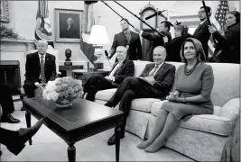  ?? ASSOCIATED PRESS ?? PRESIDENT DONALD TRUMP MEETS WITH (from left) Senate Majority Leader Mitch McConnell, R-Ky., Senate Minority Leader Chuck Schumer, D-N.Y., and House Minority Leader Nancy Pelosi, D-Calif., and other Congressio­nal leaders in the Oval Office of the White...