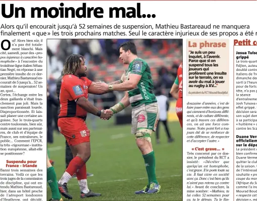  ?? (Photos Valérie Le Parc) ?? Solide poignée de main, en fin de match, samedi, entre Mathieu Bastareaud et Sebastian Negri. Visiblemen­t pas vraiment fâchés. Et sans doute très loin de se douter de l’ampleur que prendrait leur accrochage...