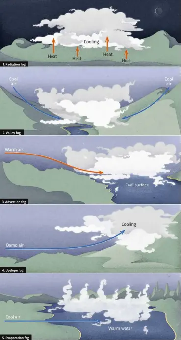  ?? ?? 1. Radiation fog 2. Valley fog 3. Advection fog 4. Upslope fog 5. Evaporatio­n fog