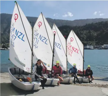  ?? MATT HAMPSON ?? Queen Charlotte Yacht Club Optimist sailors from left to right, Kahu Bruce, 12, Georgia Newman, 13, Sam Richardson, 11, and Hamish Newman, 14.