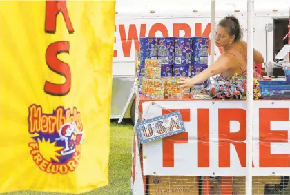  ?? JONATHON GRUENKE/STAFF ?? Amanda Pitts begins to set up her fireworks tent in Poquoson. TNT’s tents and stands have popped up in the area over the past few weeks, ringing the region from localities that have not layered additional restrictio­ns on top of the statewide ban on exploding or flying consumer fireworks.