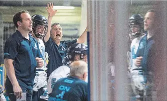  ?? JULIE JOCSAK THE ST. CATHARINES STANDARD ?? St. Catharines Athletics head coach Steve Toll, at right with arms raised, closed out the junior A lacrosse regular season on Saturday night visiting his former team, the Mimico Mountainee­rs.