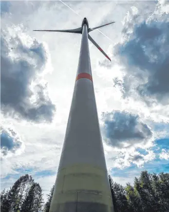  ?? FOTO: ARMIN WEIGEL/DPA ?? Windkrafta­nlage in einem Wald: Nach dem Willen der grün-schwarzen Koalition in Stuttgart soll mindestens die Hälfte der Flächen für die geplanten 1000 neuen Windräder im Staatswald bereitgest­ellt werden.