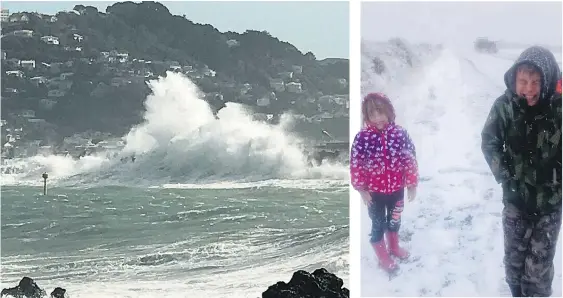  ?? Picture/ Hannah Cadwallade­r ?? Waves slammed into Wellington’s south coast as polar weather spread up the country over the weekend. Madalin (left) and Liam Baker feel the chill on the Desert Rd yesterday.