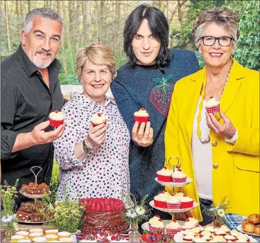  ??  ?? New faces...Prue with Channel 4 Bake Off team Paul Hollywood, Sandi Toksvig and Noel Fielding