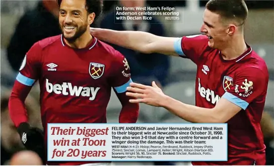  ?? REUTERS ?? On form: West Ham’s Felipe Anderson celebrates scoring with Declan Rice