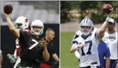  ??  ?? At left, in a July 24 file photo, Arizona Cardinals quarterbac­k Blaine Gabbert throws a pass during practice. At right, in a June 13 file photo, Dallas Cowboys quarterbac­k Kellen Moore throws a pass during practice. AP PHOTO