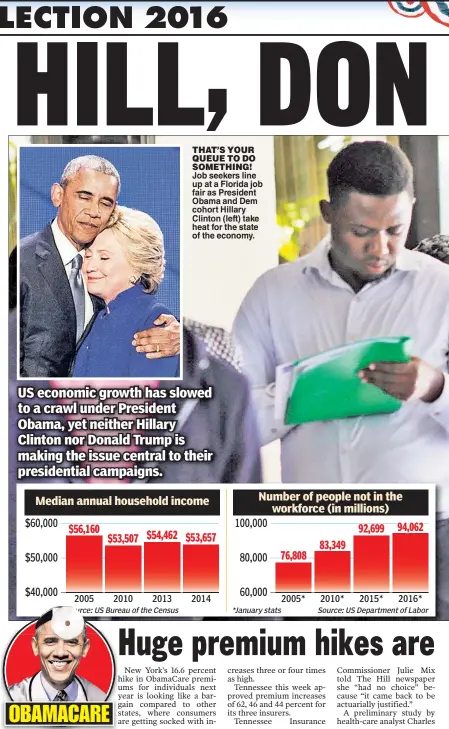  ??  ?? THAT’S YOUR QUEUE TO DO SOMETHING! Job seekers line up at a Florida job fair as President Obama and Dem cohort Hillary Clinton (left) take heat for the state of the economy.