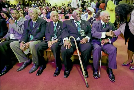  ?? PHOTO: AP ?? Five men who took part in the Memphis sanitation workers strike in 1968 wait for a ceremony to begin at the Mason Temple of the Church of God in Christ, yesterday in Memphis, Tennessee. From left are Cleophus Smith, Ozell Eual, Elmore Nickleberr­y,...