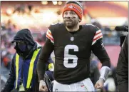  ?? ASSOCIATED PRESS FILE PHOTO ?? Then-cleveland Browns quarterbac­k Baker Mayfield walks off the field after a 2021 game in Cleveland.