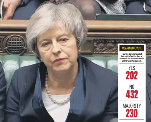  ?? PICTURE: PA WIRE. ?? TORRID TIME: Prime Minister Theresa May listens to Labour leader Jeremy Corbyn speaking after losing the vote on her Brexit deal in the House of Commons.