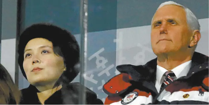  ??  ?? US VicePresid­ent Mike Pence and
Kim Yo-jong, the sister of North Korean leader Kim Jong-un, attend the opening ceremony of the PyeongChan­g Winter Olympics.