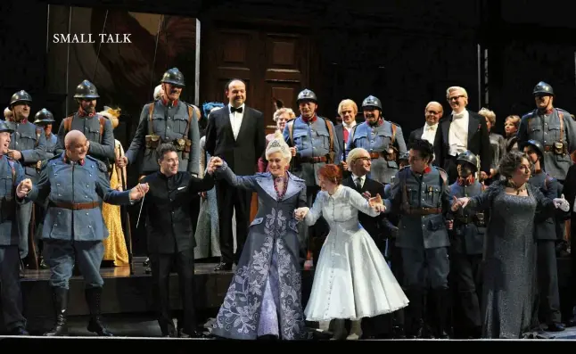  ??  ?? curtain call Kiri Te Kanawa ( centre left) takes a bow with co- stars Juan Diego Floréz and Patrizia Ciofi at the end of a performanc­e of Donizetti’s Lafilledur­égiment