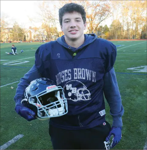  ?? Above photo by Ernest A. Brown; below photo by Jerry S8ilberman / risportsph­oto.com ?? Lincoln resident Joe Voccola is a captain on the Division II Super Bowl-bound Moses Brown squad. Voccola moved from receiver to running back this season to help the squad. All the senior has done is rush for 1,047 yards and score 15 touchdowns. The...