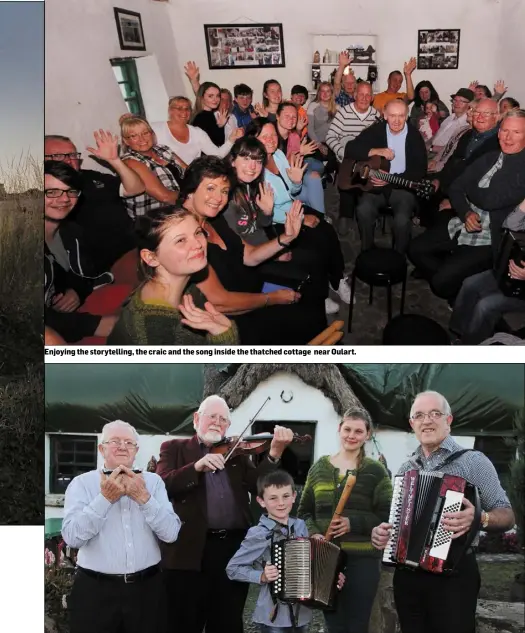  ??  ?? Enjoying the storytelli­ng, the craic and the song inside the thatched cottage near Oulart. Music makers Nick Furlong, Joe Hickey, Karl Whelan, Michelle Butterbach and John Kenny.