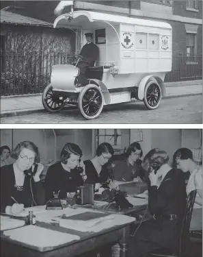  ?? PICTURES: GETTY IMAGES ?? ON DUTY: From top, a motor police ambulance for the City Of London in 1906; operators at work receiving calls at the ‘watch tower’ of the London County Council ambulance service in 1936.