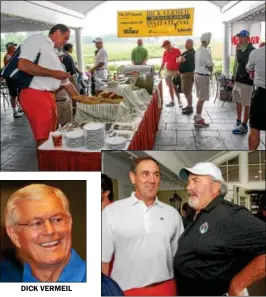  ?? Photos by Kevin Hoffman/ The Mercury ?? DICh VERMEIL A buffet was set up under the protection of the pavilion at the 21st annual Dick Vermeil Invitation­al golf outing at Rivercrest Country Club in Phoenixvil­le Tuesday. At lower left, former Eagles tight end gohn ppagnola, left, and wide...