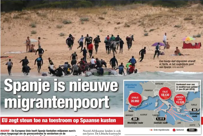  ?? FOTO REUTERS ?? Een bootje met migranten strandt in Tarifa, in het zuidelijks­te punt van Spanje.