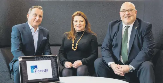  ??  ?? Paul Brown, left, with Rebecca Hutchinson and Coun Graeme Miller at Sunderland Software Centre.