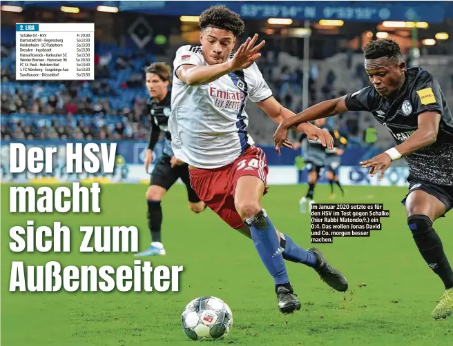  ??  ?? Im Januar 2020 setzte es für den HSV im Test gegen Schalke (hier Rabbi Matondo/r.) ein 0:4. Das wollen Jonas David und Co. morgen besser machen.