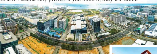  ?? ?? Aerial view of Aseana City, showcasing its developmen­ts along Pres. D. Macapagal Boulevard.
Parqal’s floating canopy serves as the flagship spine of Aseana City's sidewalk masterplan, covering about 5,000 sq.m. of the developmen­t's linear greenway spine.