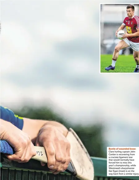  ??  ?? Battle of wounded knee: Clare hurling captain John Conlon is recovering from a cruciate ligament tear that would normally have forced him to miss this year’s championsh­ip, while Westmeath sharpshoot­er Ger Egan (inset) is on the way back from a similar injury