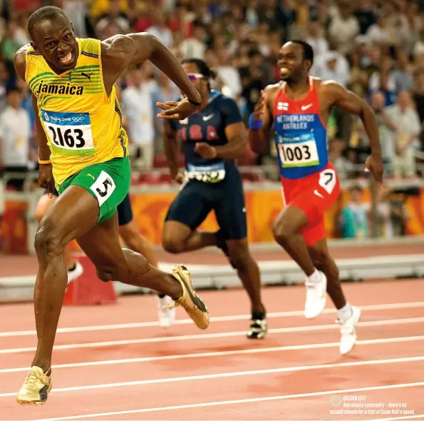  ??  ?? Golden feet Bob shoots constantly – there’s no second chance for a shot at Usain Bolt’s speed