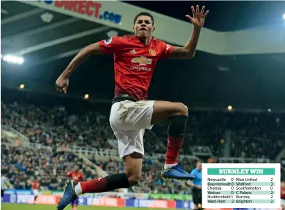  ?? AFP ?? Manchester United’s striker Marcus Rashford celebrates after scoring his team’s second goal agaisnt Newcastle on Wednesday. —