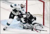  ?? ASHLEY LANDIS — THE ASSOCIATED PRESS, FILE ?? Kings goaltender Calvin Petersen (40) blocks a shot by Sharks center Tomas Hertl (48) during the first period on Feb. 11in Los Angeles.