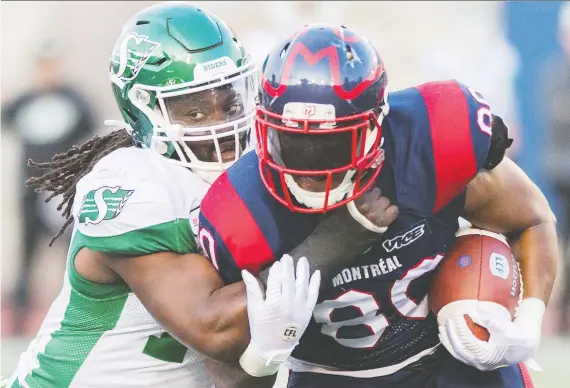  ?? GRAHAM HUGHES/THE CANADIAN PRESS FILES ?? Roughrider­s linebacker Solomon Elimimian, left, president of the CFL Players’ Associatio­n, says the season might be delayed by the pandemic.