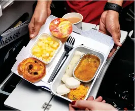  ??  ?? From left: Plastics currently feature widely on the meal tray (British Airways Economy); RMT Global Partners is offering bamboo alternativ­es