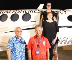  ?? — AFP photo ?? Pacific Islands’ Forum Fisheries Agency director-general James Movick (left), Cook Islands’ Prime Minister Henry Puna (centre), Payne (right) and Australia’s Assistant Minister for Internatio­nal Developmen­t and the Pacific Anne Ruston (top) posing in Nauru in front of a new plane that will be used for aerial surveillan­ce of the Pacific ocean on the last day of the Pacific Islands Forum (PIF).