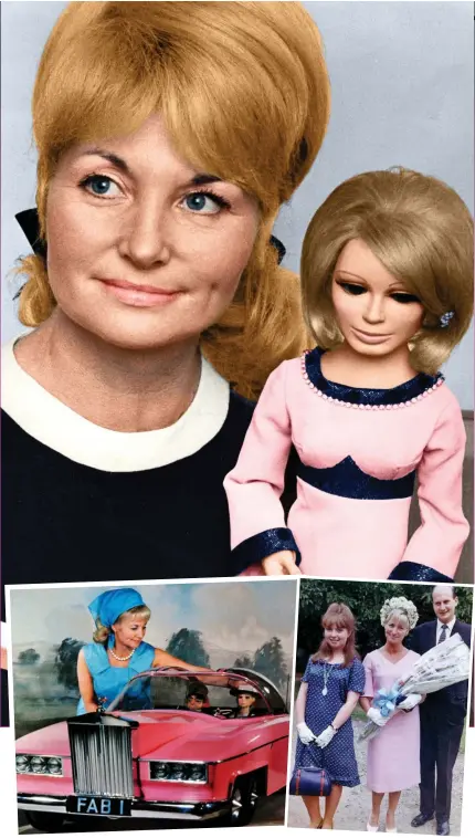  ?? Pictures: MURRAY SANDERS/JUSTINE TRICKETT/MARC BRENNER/ALLSTAR/UNIVERSAL ?? FAB: Sylvia Anderson with puppet Lady Penelope (above), alongside the pink Rolls-Royce (left) and with her then 16-year-old daughter Dee and husband Gerry Anderson (right)