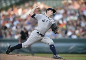  ?? AP PHOTO/NICK WASS ?? New York Yankees starting pitcher Sonny Gray delivers a pitch during the first inning of the team’s baseball game against the Baltimore Orioles on Friday in Baltimore.