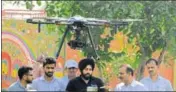  ?? PARVEEN KUMAR/HT ?? Officials from Anra Technologi­es give a demonstrat­ion of the drones to wildlife department officials in the presence of wildlife minister Rao Narbir Singh in Gurugram on Friday.
