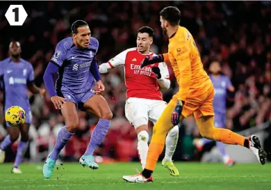  ?? ?? Chaos: Van Dijk (left) tries to block Martinelli (centre) as they chase Gabriel’s long ball… 1