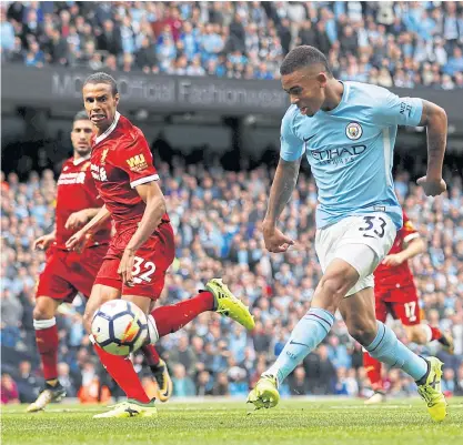  ??  ?? Manchester City’s Gabriel Jesus scores his team’s third goal against Liverpool.