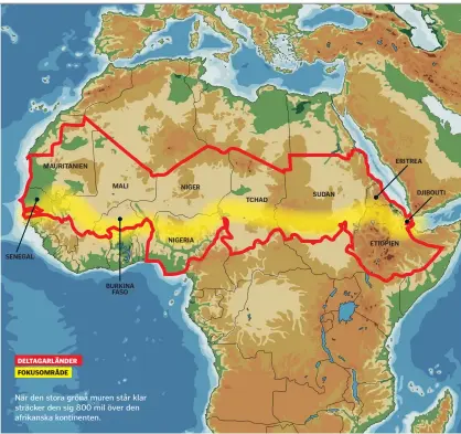  ??  ?? När den stora gröna muren står klar sträcker den sig 800 mil över den afrikanska kontinente­n.