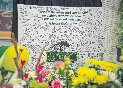  ?? LIAM RICHARDS/THE CANADIAN PRESS ?? Many Canadians began associatin­g lyrics from the song “Big League” with the Saskatchew­an crash on Friday that left 15 dead.