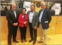  ?? PEG DEGRASSA — DIGITAL FIRST MEDIA ?? The honorees at the 2017 Rockin’ With The Troops concert include, left to right, Adam Gattuso of Monroe Energy, Dr. Rosalie Mirenda of Neumann University, Delaware County Councilman Dave White and Joe Griffies, host of WIBG Radio’s “Welcome Home Show.”